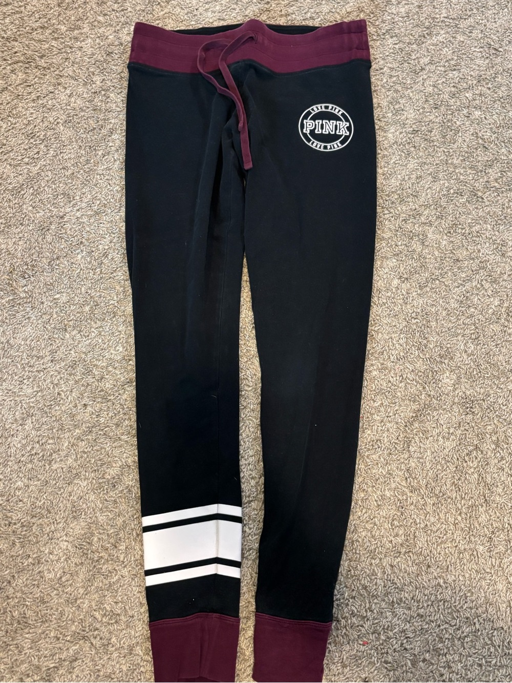 PINK Victoria's Secret Black Sweatpants with Burgundy Waistband and Cuffs